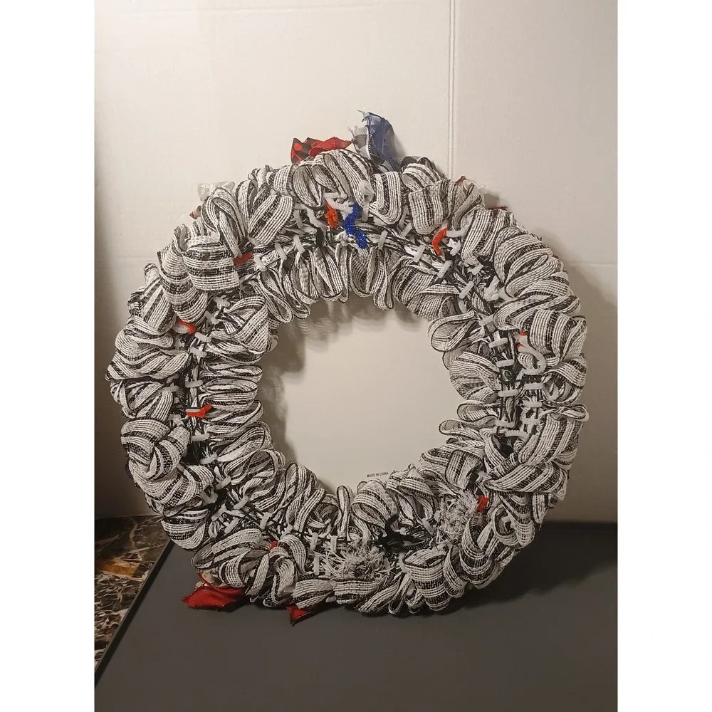 Handmade Cow Wreath Unisex Large Black White Excellent Farmhouse Plaid Mesh